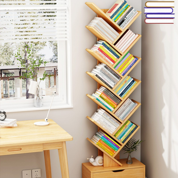 Raft modern pentru depozitare carti, organizator din lemn in forma de copac 158x34cm