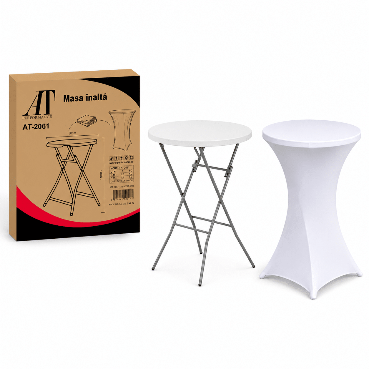 Masă Înaltă Pliabilă AT-2061, Ø80 cm, 110 cm Înălțime, Husă Elastică Inclusă, Cadru Metalic