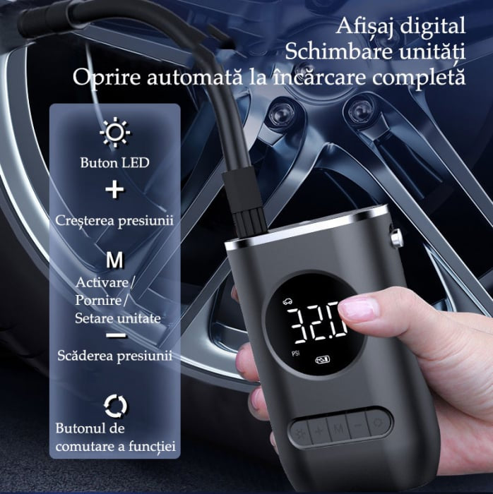 Pompa de aer electrica pentru masina (Compresor), Multifunctionala, 4000 mAh, 120W, afisaj digital LCD, lanterna LED, incarcare USB, Portabila