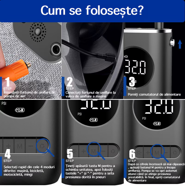 Pompa de aer electrica pentru masina (Compresor), Multifunctionala, 4000 mAh, 120W, afisaj digital LCD, lanterna LED, incarcare USB, Portabila