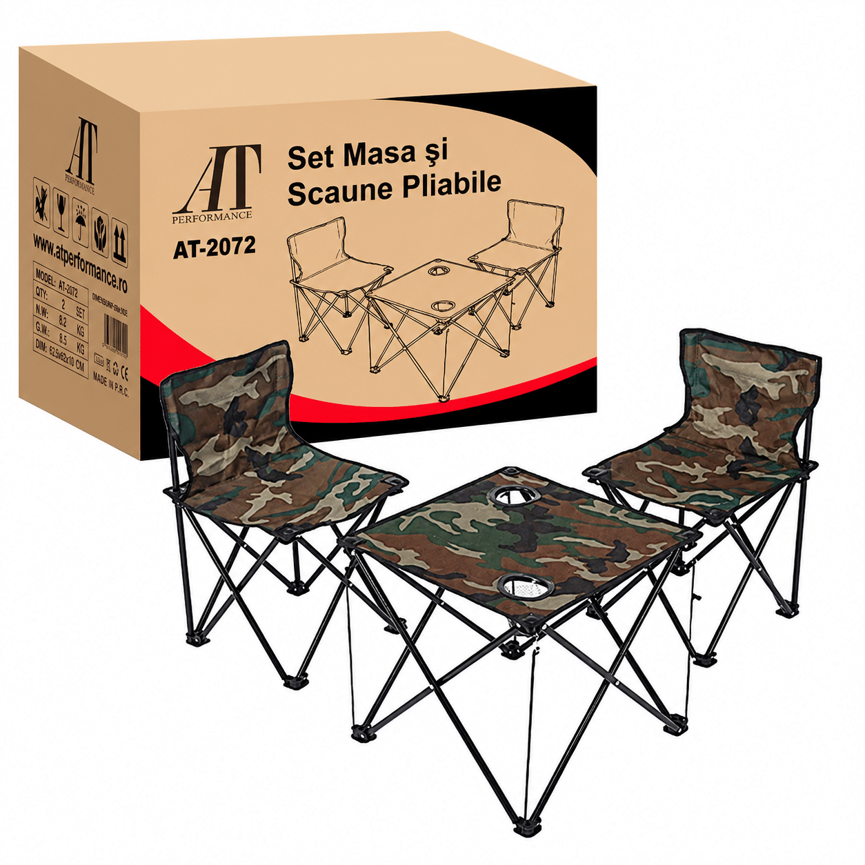 Set Camping Pliabil cu Masă și 2 Scaune Camuflaj, Geantă Inclusă, Suportă 100 kg, Model AT-2072