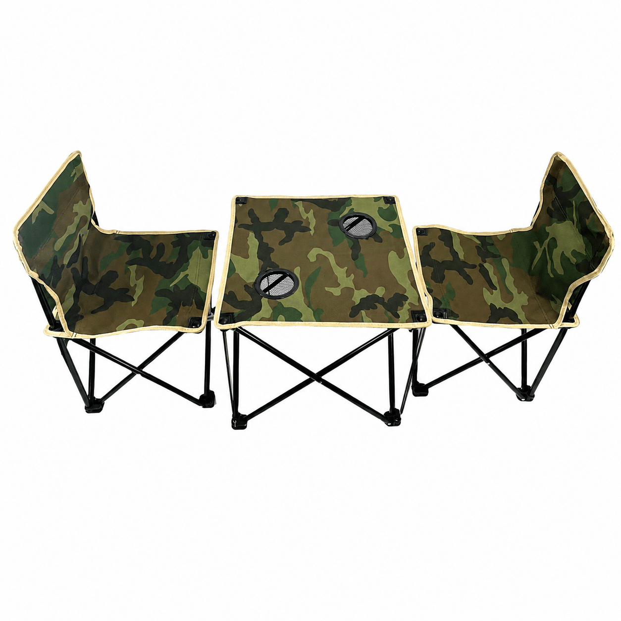 Set Camping Pliabil cu Masă și 2 Scaune Camuflaj, Geantă Inclusă, Suportă 100 kg, Model AT-2072