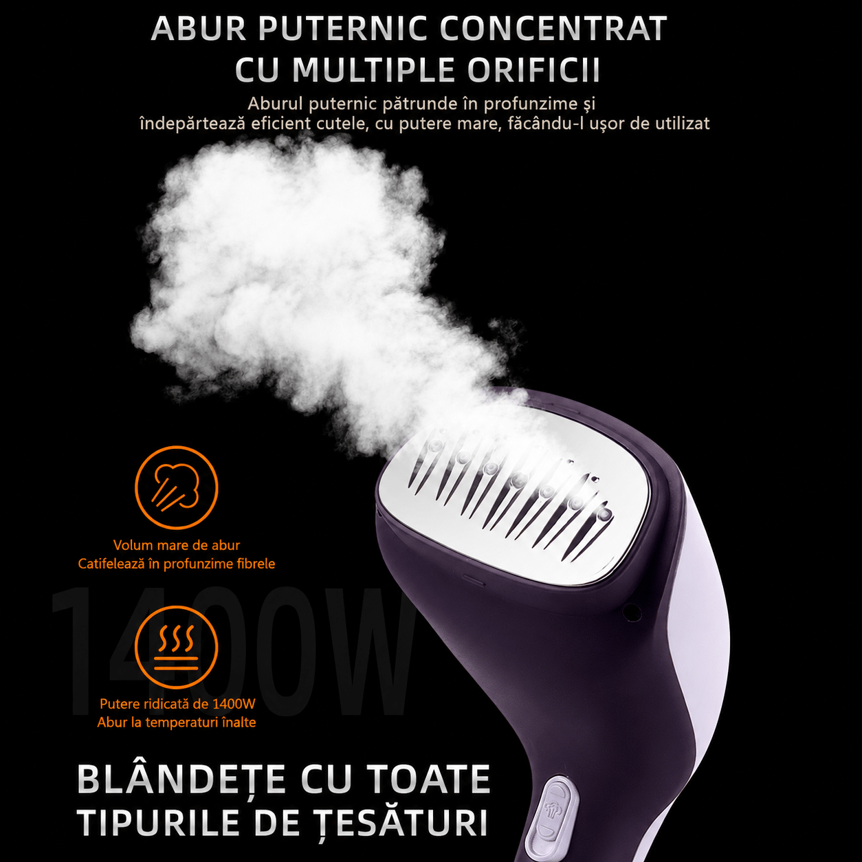 Aparat Vertical De Călcat Cu Aburi Haley HY-312, 1500W, Portabil, Rezervor De Apă, Perie Inclusă, Protecție La Supraîncălzire, Mov