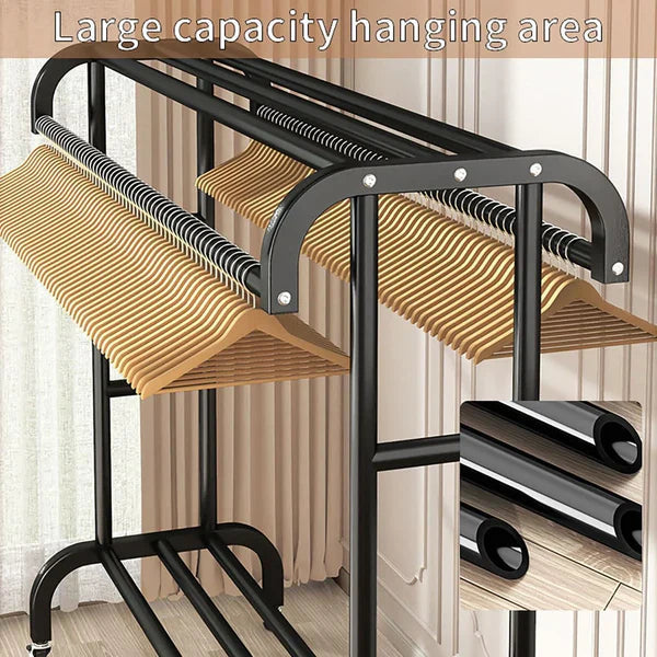 Suport Metalic pentru Haine Tip Stender cu Bara Dubla si Raft Pantofi, Organizator Garderoba, 150 cm, Negru