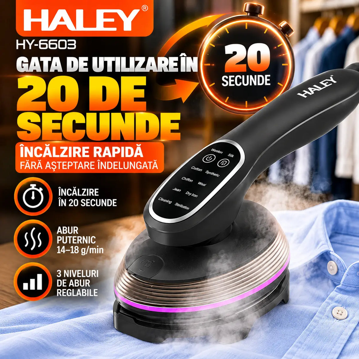 Aparat de Călcat Vertical și Orizontal cu Aburi HALEY® HY-6603, 2000W, Încălzire Rapidă în 20 Secunde, Jet de Abur 14–18 g/min, Rezervor 120 ml, Cap Rotativ 90°, Panou Tactil, 3 Niveluri de Abur, Protecție la Supraîncălzire
