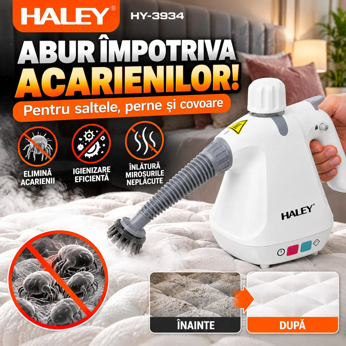 Aparat de Curățat cu Abur HALEY® HY-3934, Multifuncțional 10 în 1, 1000W, Presiune 3 Bar 300 kPa, Rezervor 350 ml, Abur Fierbinte peste 100°C, Curățare, Degresare și Igienizare Fără Substanțe Chimice