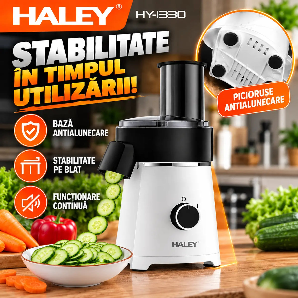 Răzătoare Electrică Multifuncțională HALEY® HY-1330, 600W, 5 Accesorii de Tăiere, Feliere și Răzuire, Lame din Oțel Inoxidabil, Motor Puternic, Componente Detașabile, Bază Antialunecare
