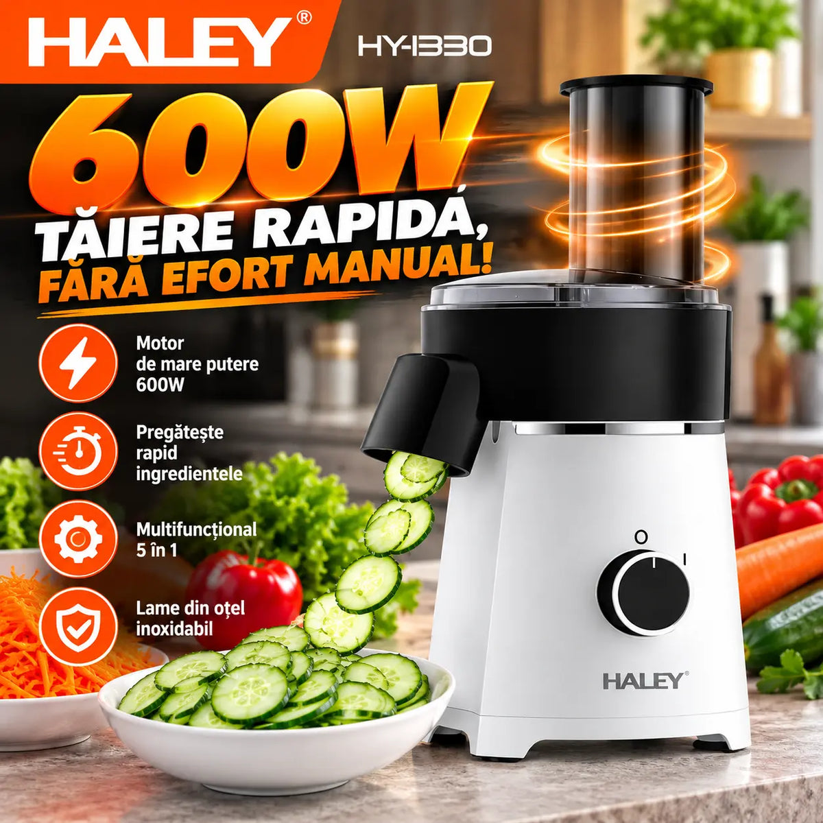 Răzătoare Electrică Multifuncțională HALEY® HY-1330, 600W, 5 Accesorii de Tăiere, Feliere și Răzuire, Lame din Oțel Inoxidabil, Motor Puternic, Componente Detașabile, Bază Antialunecare