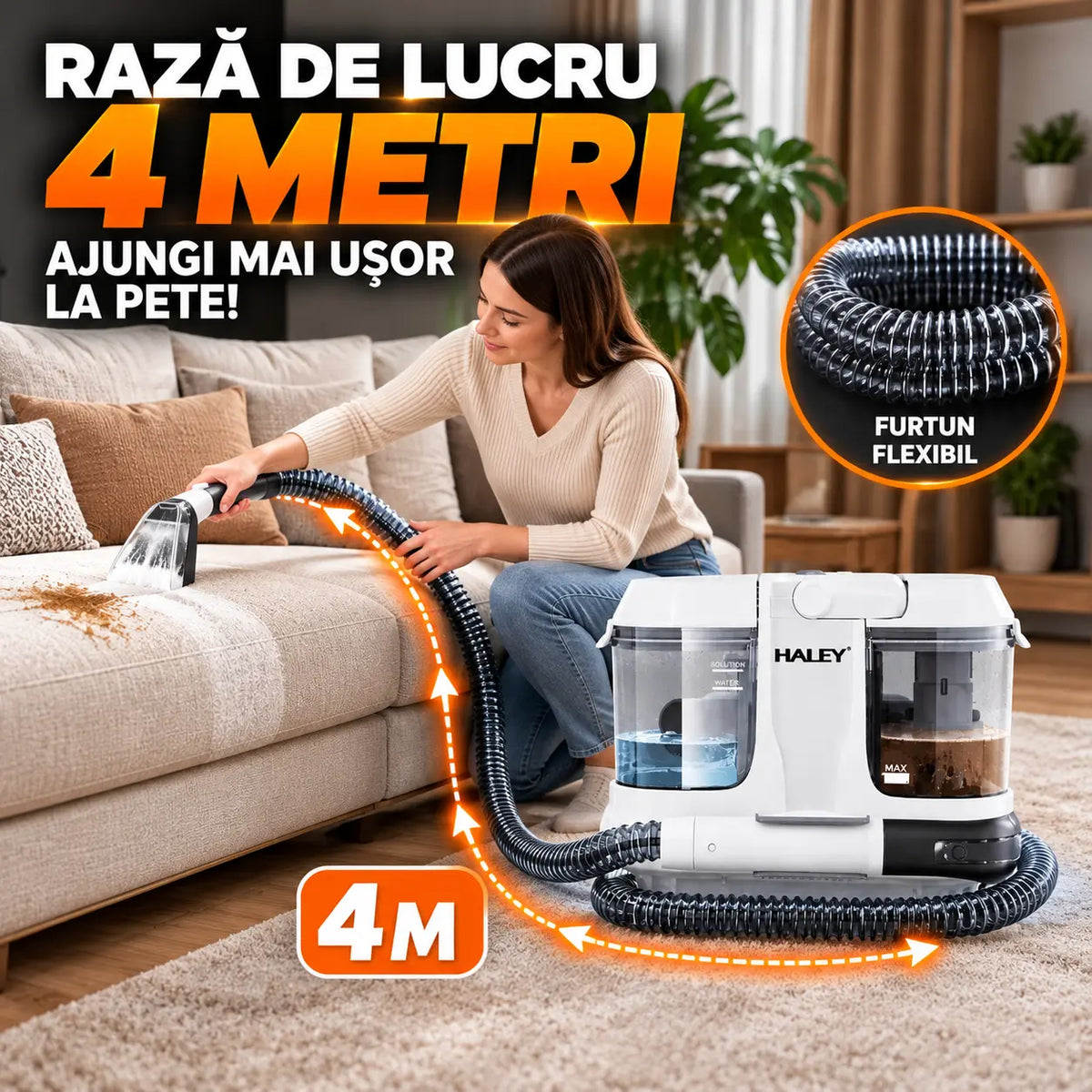 Aspirator cu Spălare pentru Tapițerie, Canapele, Covoare și Saltele HALEY® HY-3923 CD, 3500W, Rezervor Apă Curată 1000 ml, Apă Murdară 485 ml, Furtun 4 m, Curățare Pete, IPX4