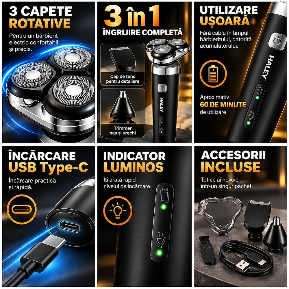 Aparat de Bărbierit Electric HALEY HY-4705 3 în 1, 3 Capete Rotative, Trimmer Barbă și Nas, Încărcare USB, Bărbați