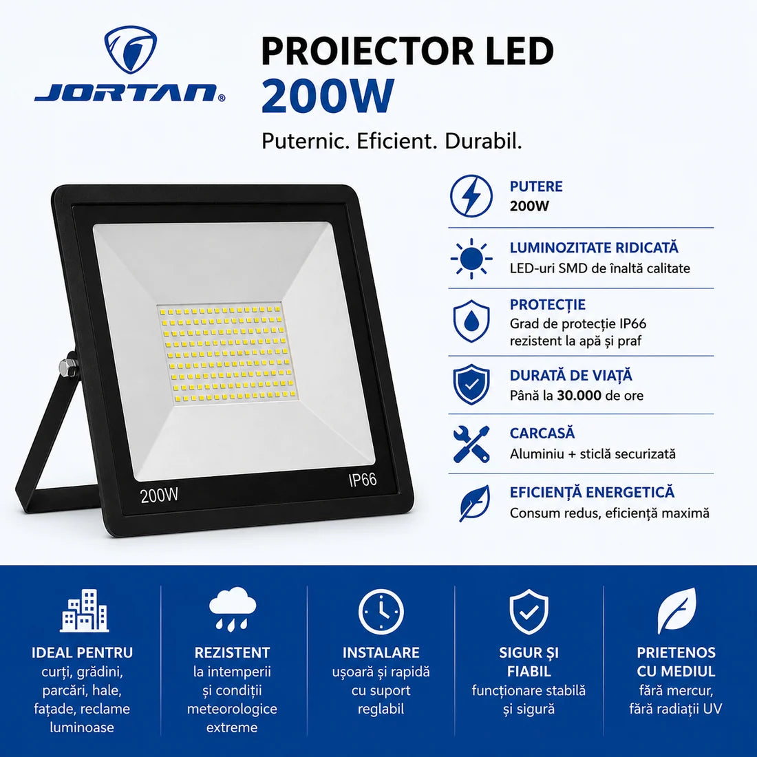 Proiector Electric LED JORTAN 200W pentru Exterior – Rezistent la Apă IP66