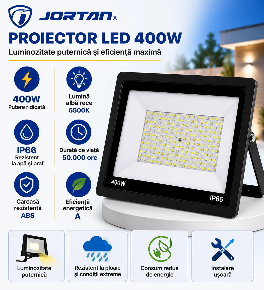 Pachet x2 Proiector LED JORTAN 400W IP66 – Soluția Ideală pentru Iluminat Exterior