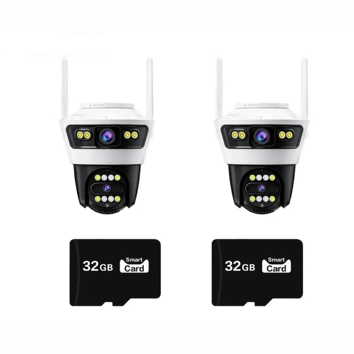 Set 2 Camera de Supraveghere Dubla Jortan 4: Viziune Panoramica 180° & WiFi/LAN plus 2 Carduri 32 GB