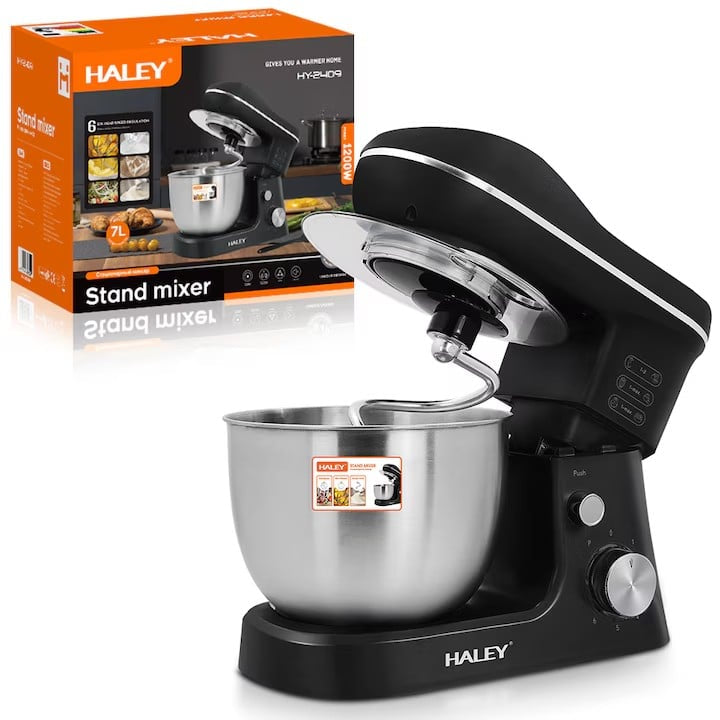 Robot de bucătărie de Inalta Performanta HALEY HY-2409: Putere de 1200W, Bol Generos din Inox de 7 L, 6 Trepte de Viteza cu Functie Pulse, Design Elegant Negru si Inox