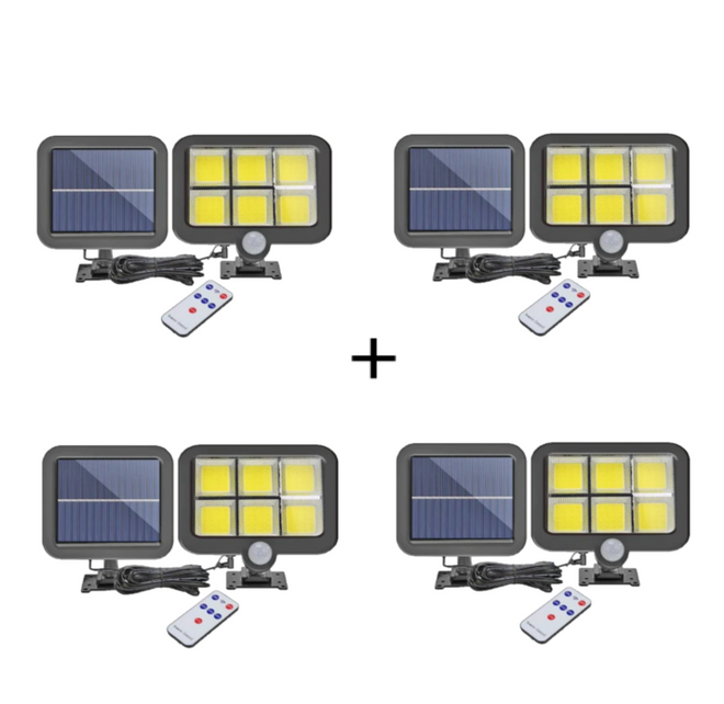 Set 4 lampi cu panou solar, 6 COB , putere 250 W, cu senzor de miscare, suport si telecomanda