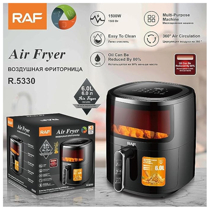 Friteuza Air Fryer RAF R.5330B cu aer cald, Fara ulei, 6 litri, Sticla transparenta, 8 Programe, Digital Touch Screen, Negru