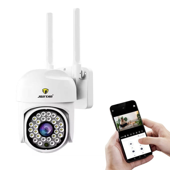 Camera de supraveghere WiFi Jortan JTZ-8161QJ 2MP, Full HD, exterior sau interior, alarma, senzor de miscare, vedere de noapte, mesaje push, microfon, difuzor, aplicatie Yoosee, Alb