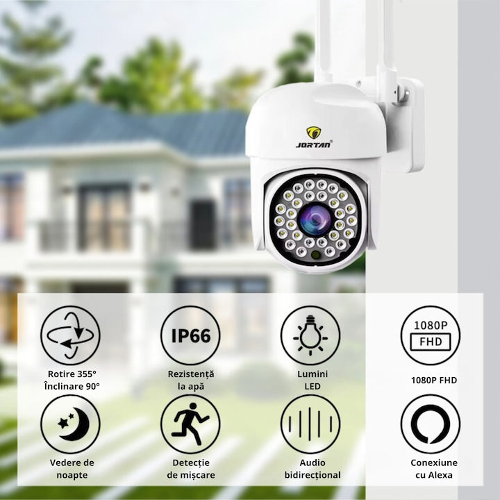 Camera de supraveghere WiFi Jortan JTZ-8161QJ 2MP, Full HD, exterior sau interior, alarma, senzor de miscare, vedere de noapte, mesaje push, microfon, difuzor, aplicatie Yoosee, Alb