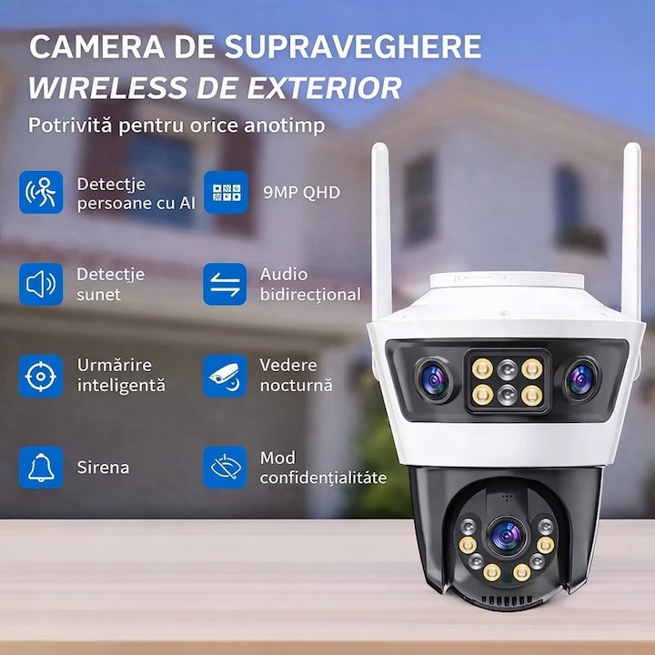 Camera de supraveghere WiFi Jortan 9MP(3+3+3), Full HD, exterior sau interior, senzor de miscare, vedere de noapte, microfon, difuzor, aplicatie Yoosee