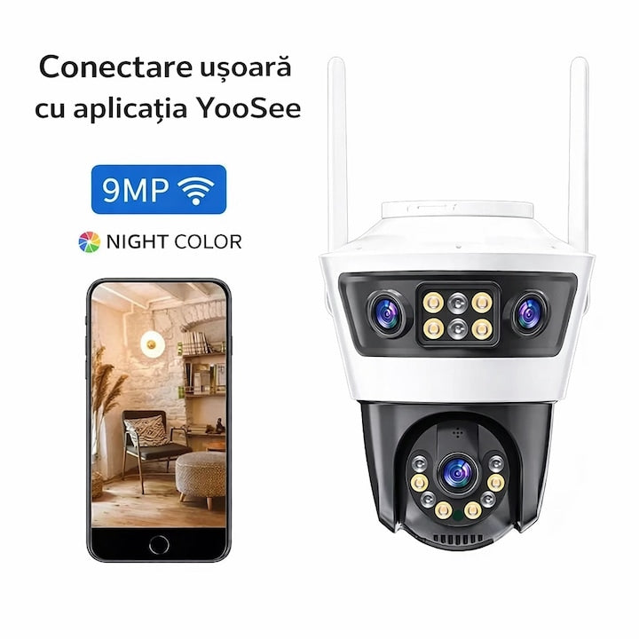 Camera de supraveghere WiFi Jortan 9MP(3+3+3), Full HD, exterior sau interior, senzor de miscare, vedere de noapte, microfon, difuzor, aplicatie Yoosee
