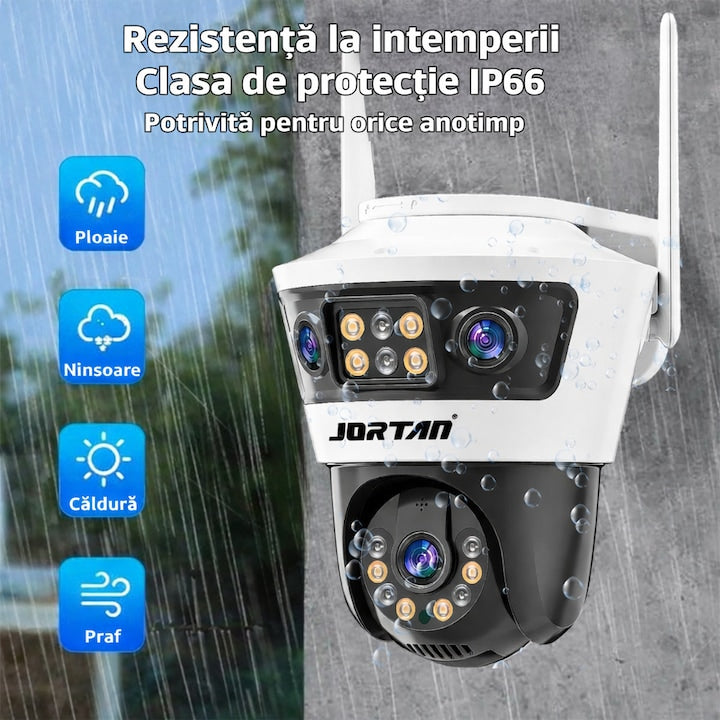 Camera de supraveghere WiFi Jortan 9MP(3+3+3), Full HD, exterior sau interior, senzor de miscare, vedere de noapte, microfon, difuzor, aplicatie Yoosee
