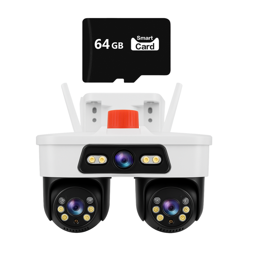 Camera Supraveghere WiFi/LAN Jortan, 3 Lentile, 9MP, Cap Dublu PTZ 355°, Night Vision, IP66 + Card microSD 64GB