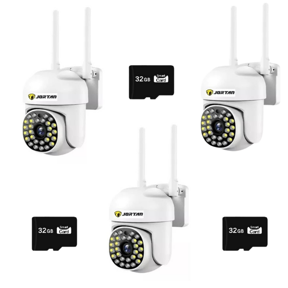 SET 3x Camere de Supraveghere Jortan, cu 28 LED-uri, Senzor CMOS, Vedere Nocturna + 3 Carduri 32GB