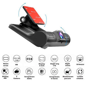Camera auto tripla FullHD, 3 camere-fata/spate/interior, ecran 2”, G Senzor