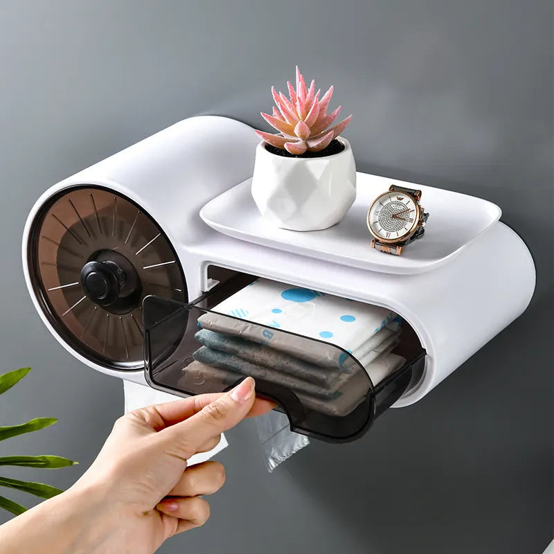 Suport de perete pentru hartie igienica si telefon, cu sertar