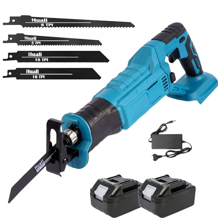 Fierastrau tip sabie 3000rpm LETHMANN , cu 2 acumulatori 48W, 5000mAh,mandrina autoblocanta, 4 bucati panza diferite modele,1 incarcator, valiza compacta de transport, Albastru