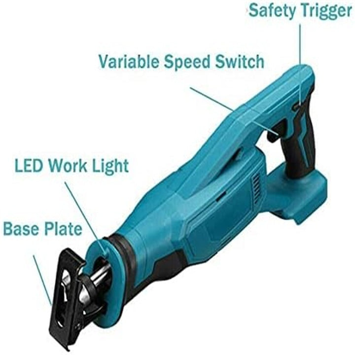 Fierastrau tip sabie 3000rpm LETHMANN , cu 2 acumulatori 48W, 5000mAh,mandrina autoblocanta, 4 bucati panza diferite modele,1 incarcator, valiza compacta de transport, Albastru