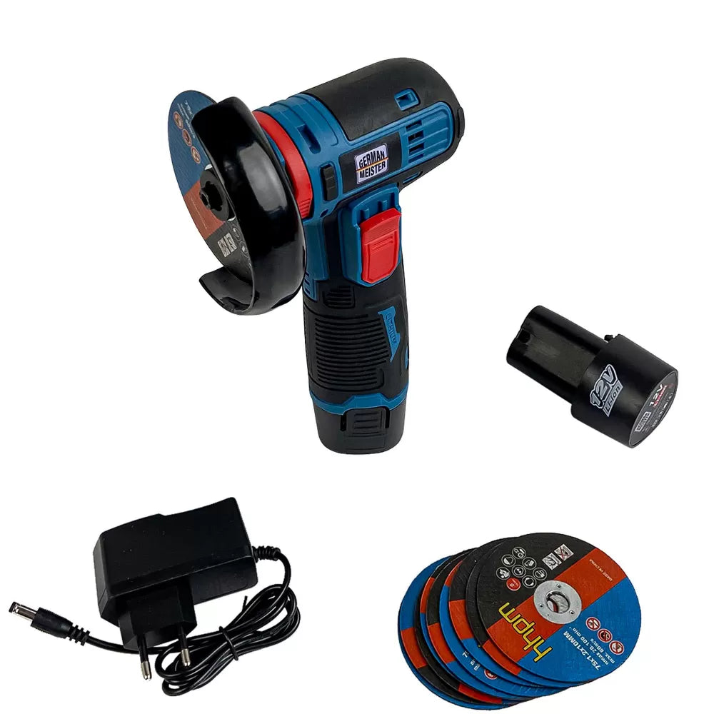 Mini polizor German Meister, 2 acumulatori 12V, 10 Panze de rezerva