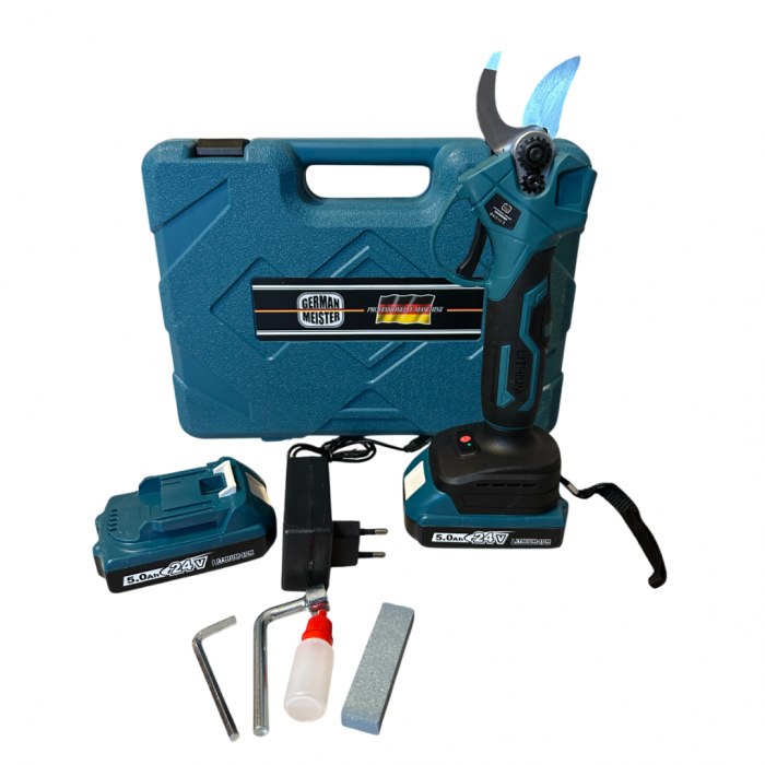 Foarfeca Electrica cu 2 Acumulatori 24V 5AH, pentru vie, crengi, 2 trepte de taiere, German Meister