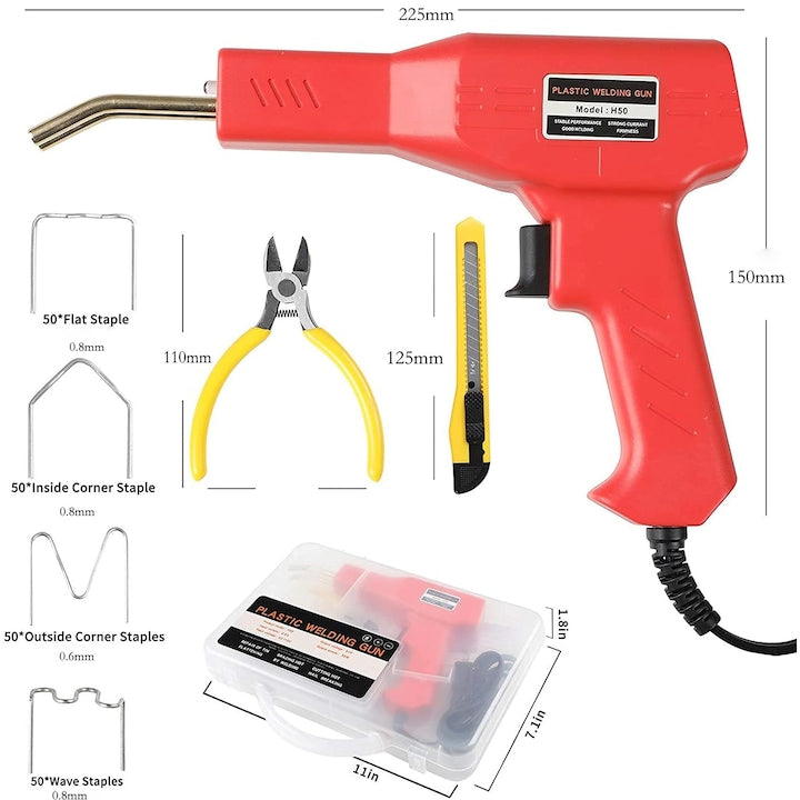 Trusa Aparat sudat plastic, Pistol Profesional pentru lipit/sudat plastic, kit pentru repararea fisurilor din plastic, polipropilena, 200 capse de intarire, putere 50W, rosu