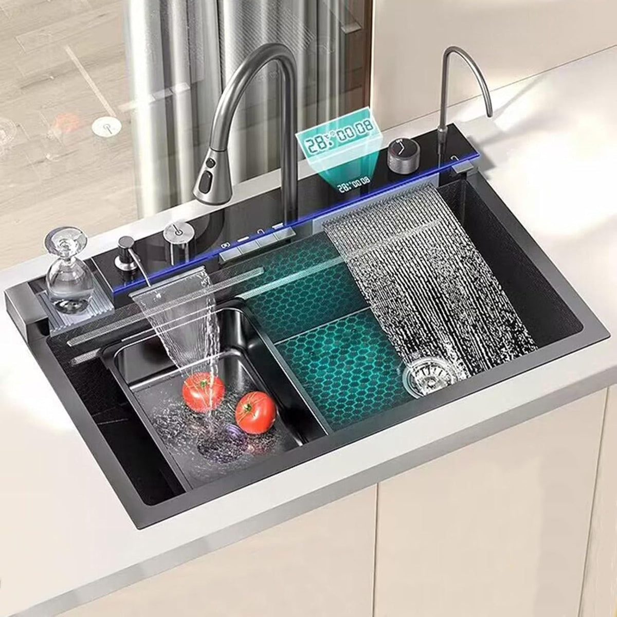 Chiuveta multifunctionala cu 2 cascade cu accesorii incluse, afisaj digital a temperaturii si robinet cascada, culoare negru grafit , 790x500mm