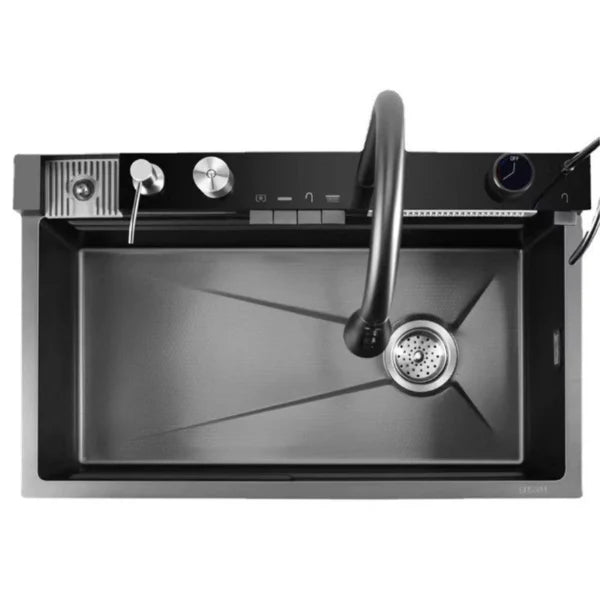 Chiuveta multifunctionala cu 2 cascade cu accesorii incluse, afisaj digital a temperaturii si robinet cascada, culoare negru grafit , 790x500mm