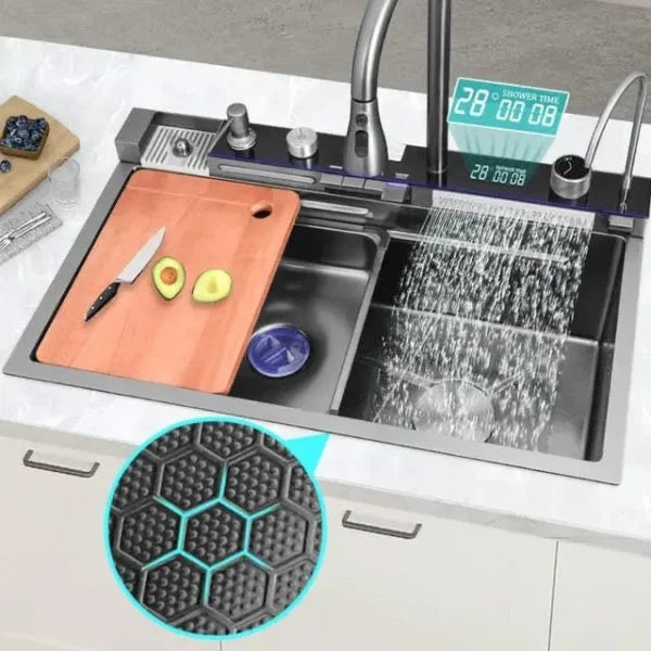 Chiuveta multifunctionala cu 2 cascade cu accesorii incluse, afisaj digital a temperaturii si robinet cascada, culoare negru grafit , 750x460mm