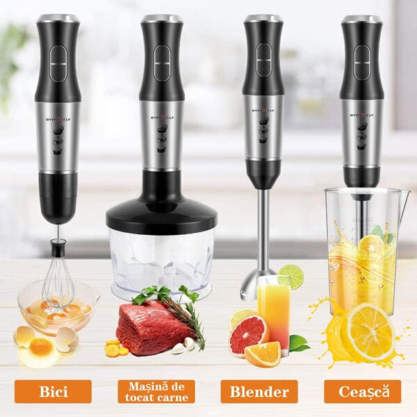 Blender RAF R3007, 4 In 1, 1600W, Cu Recipient De 500ml, Vas De 600ml, Tel Si Lame Din Otel, 2 Viteze