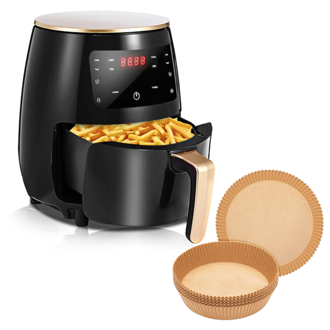Pachet ! Friteuza cu aer cald , fără ulei , air fryer capacitate 6 L , ecran digital , funcție de coacere , + SET 100 Hârtii de copt