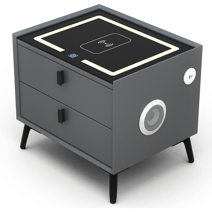 Noptiera Smart Multifunctionala, iluminare LED tactil , incarcare wireless si USB, difuzor Bluetooth, 2 sertare