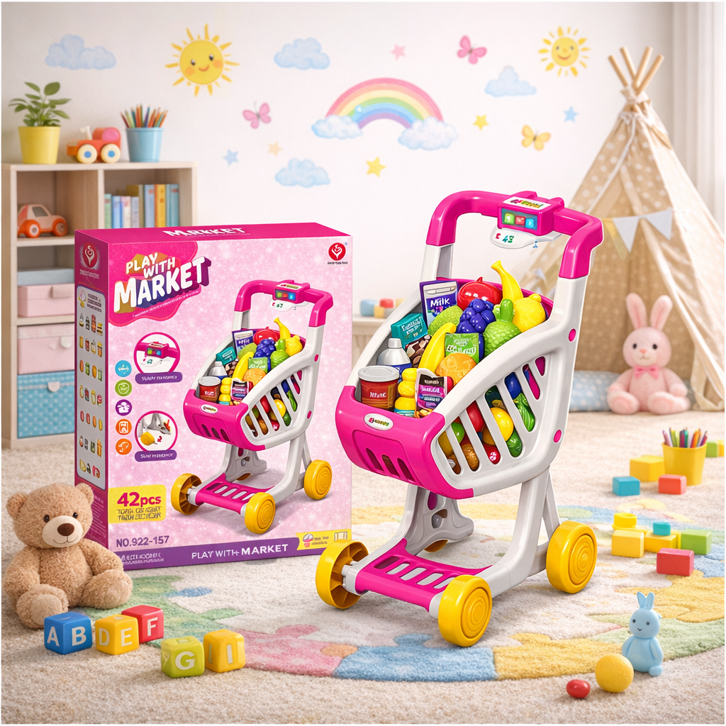 Cărucior de cumpărături copii Play With Market 42 piese cu lumini și sunete