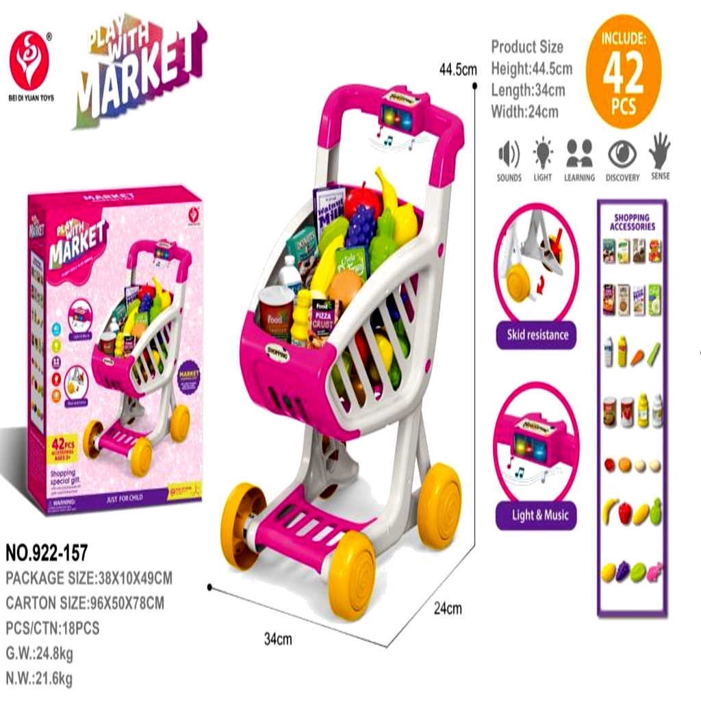 Cărucior de cumpărături copii Play With Market 42 piese cu lumini și sunete