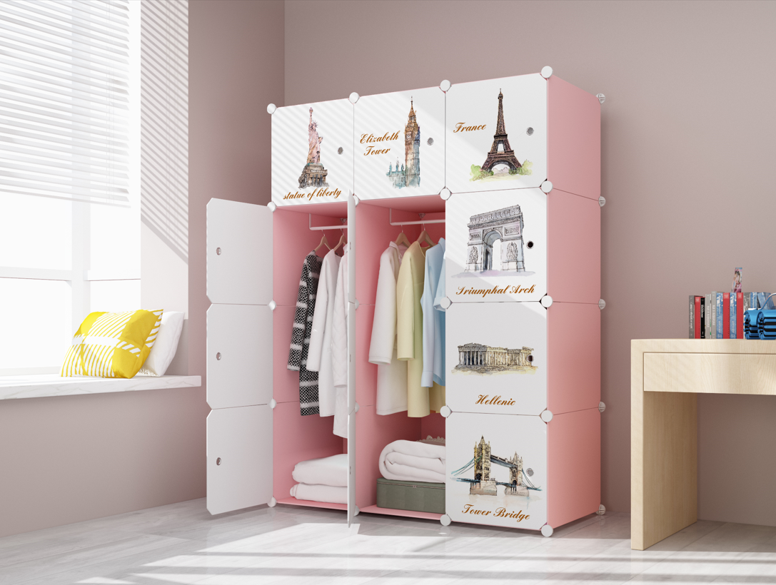 Dulap modular pentru copii, roz, AT, 12 rafturi, durabil, 110X37X147 cm, monumente