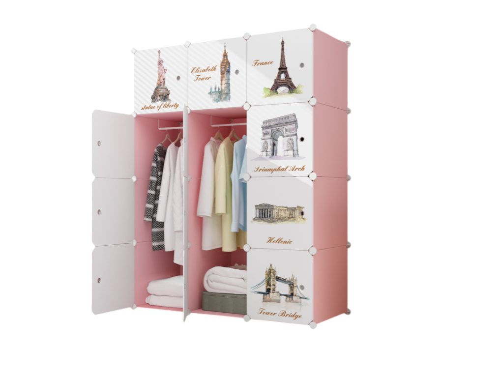 Dulap modular pentru copii, roz, AT, 12 rafturi, durabil, 110X37X147 cm, monumente