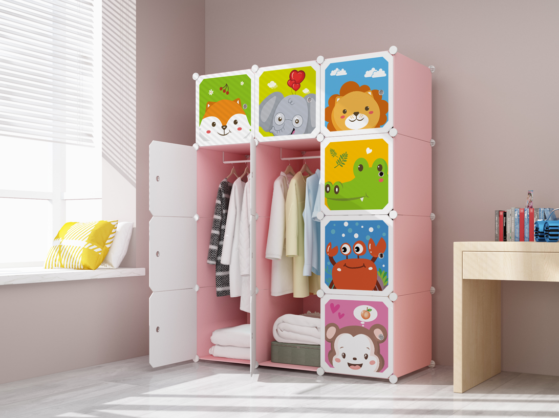 Dulap modular pentru copii, roz, 12 rafturi, durabil, 76X37X147 cm, animalute zoo