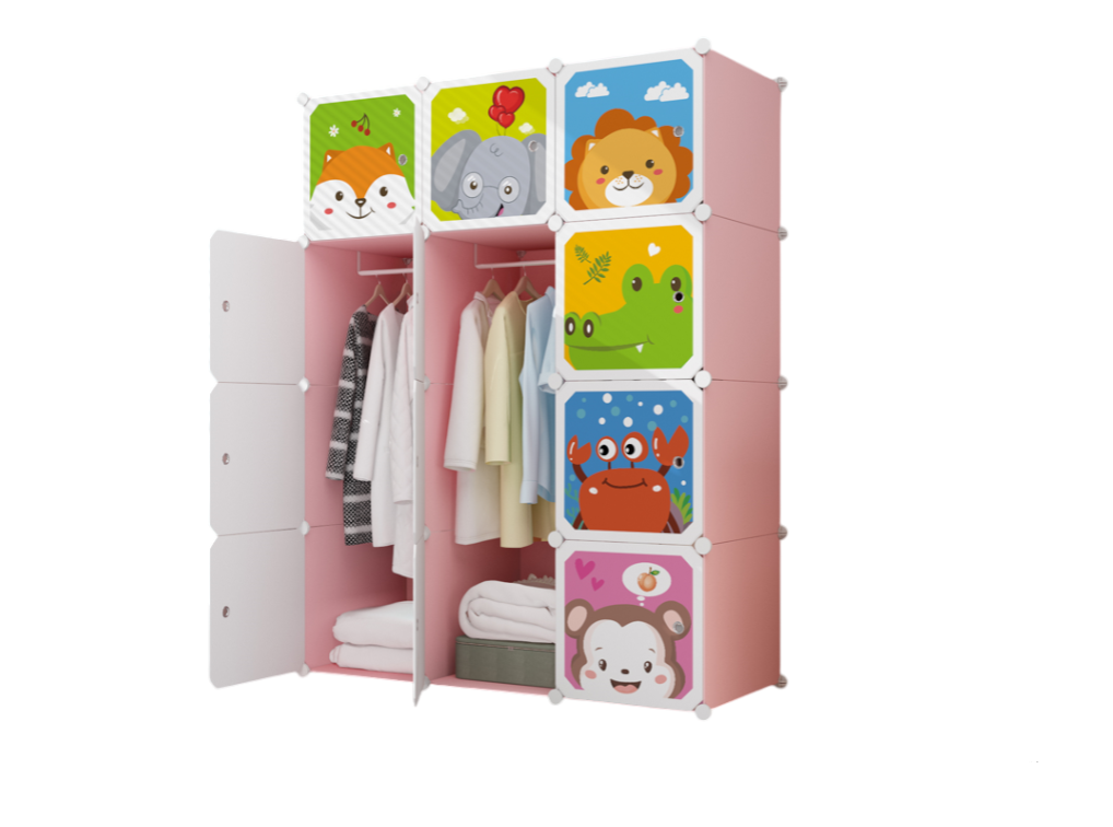 Dulap modular pentru copii, roz, 12 rafturi, durabil, 76X37X147 cm, animalute zoo