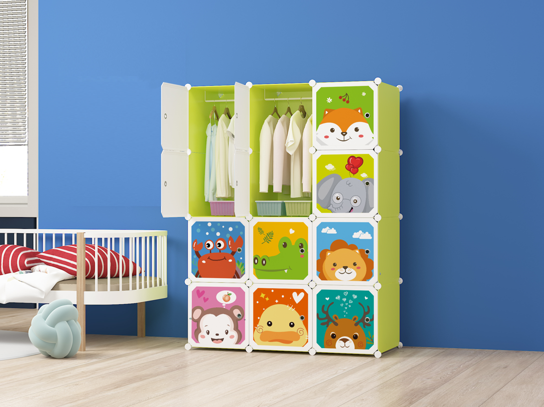 Dulap modular pentru copii, verde, 12 rafturi, durabil, 76X37X147 cm, animalute zoo