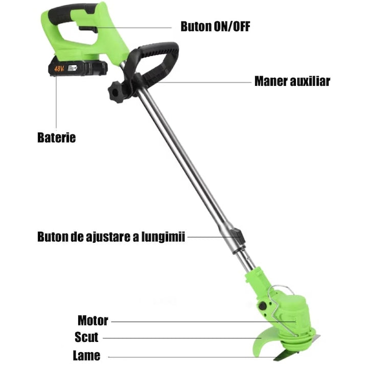 Motocoasa electrica pe roti 48V, 4000 mAh, 18000 RPM, cu acumulatori