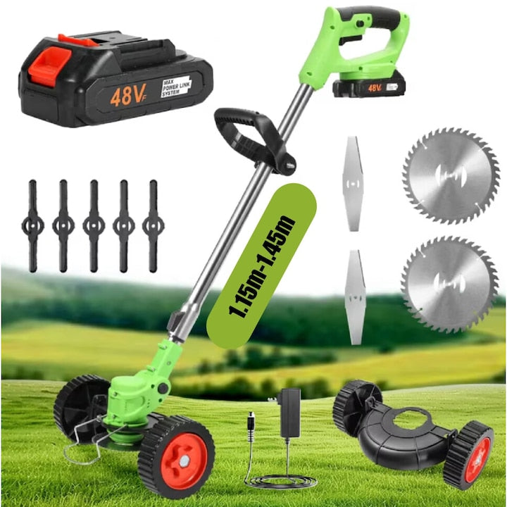 Motocoasa electrica pe roti 48V, 4000 mAh, 18000 RPM, cu acumulatori
