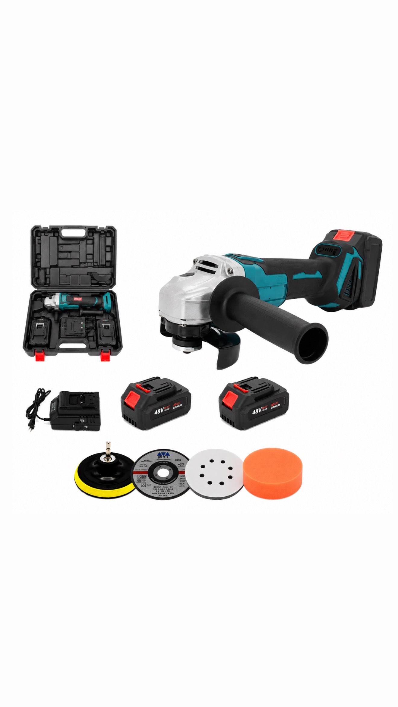 Polizor Unghiular profesional cu Acumulator 48V, 2 Baterii Detasabile,slefuire incluse, Încărcător Rapid și Valiză Transport